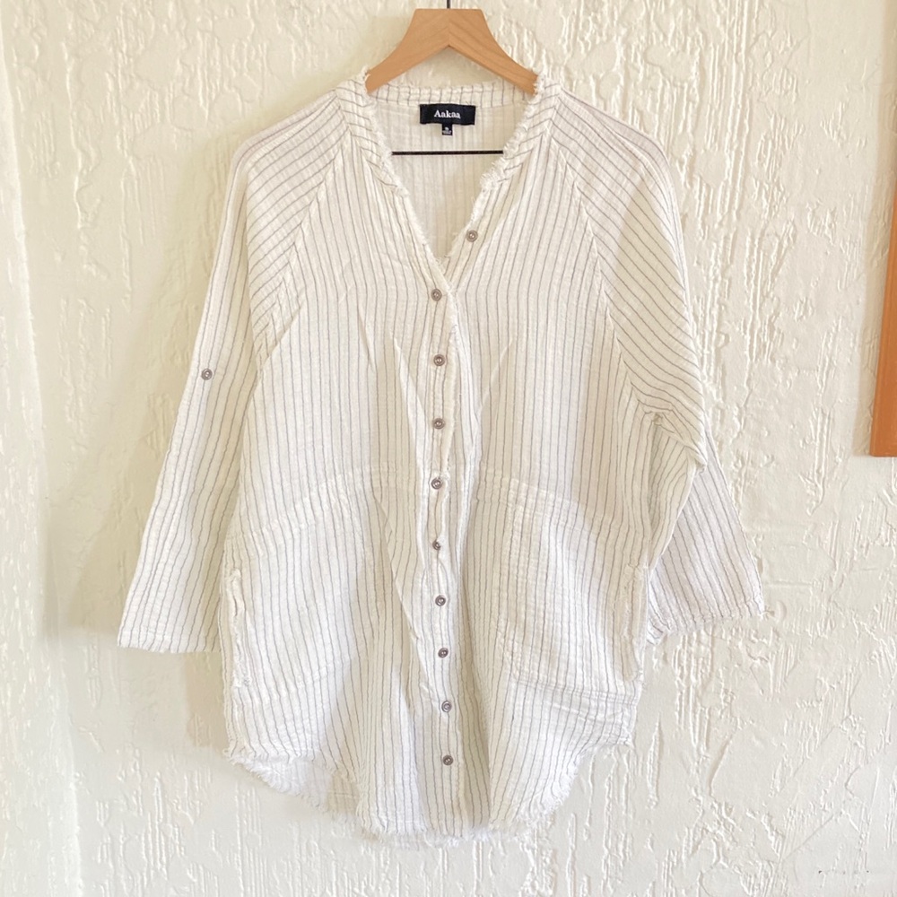Aakaa White Striped Button Down Shirt Dress Size Small